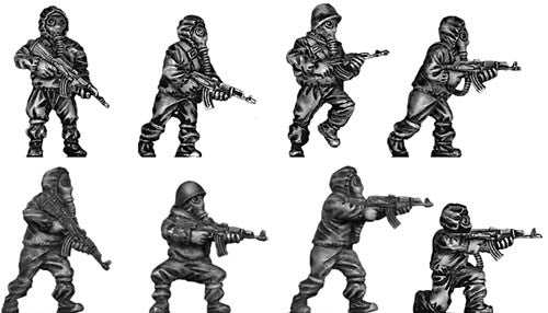 (100MOD002d) NBC Suit Single figure, first figure in bottom row, gun pointed down