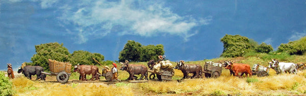 (AB-VIN14) NEW Ox cart caravan (5 carts, 2 drivers, random loads, random wheels,oxen